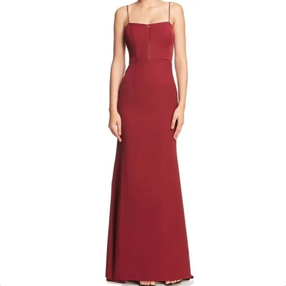 NWT JARLO Burgundy Noelle Lace Trim Fluted High Low Evening Dress Gown Size 10